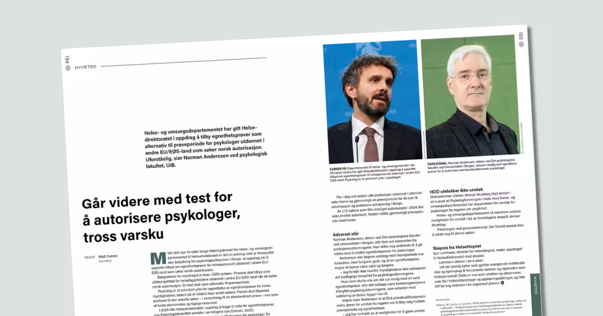 Faksimile av tidligere sak med tittel «Går videre med test for å autorisere psykologer, tross varsku»