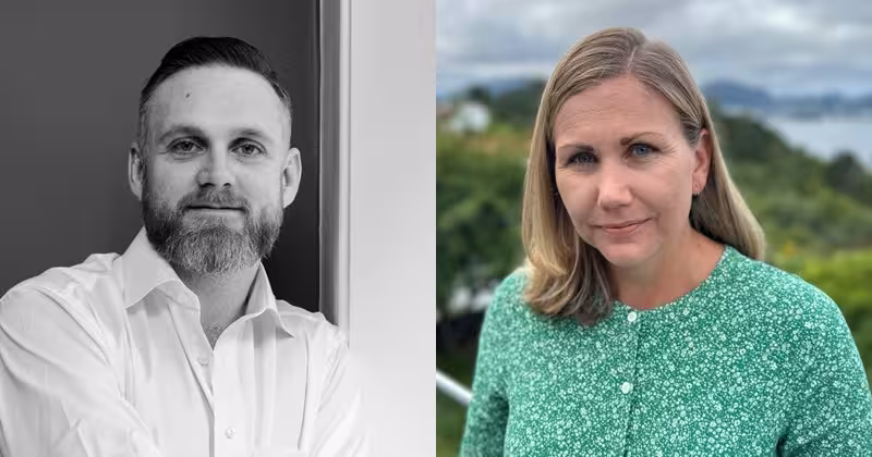 To portrettbilder ved siden av hverandre. Mann med kort hår og skjegg i hvit skjorte mot grå bakgrunn. Kvinne med blondt hår og grønn topp mot naturbakgrunn