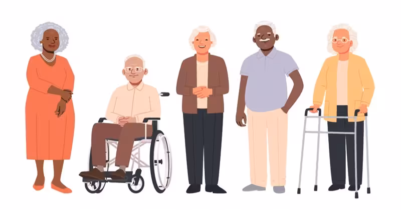 Illustrasjon av eldre mennesker mot hvit bakgrunn