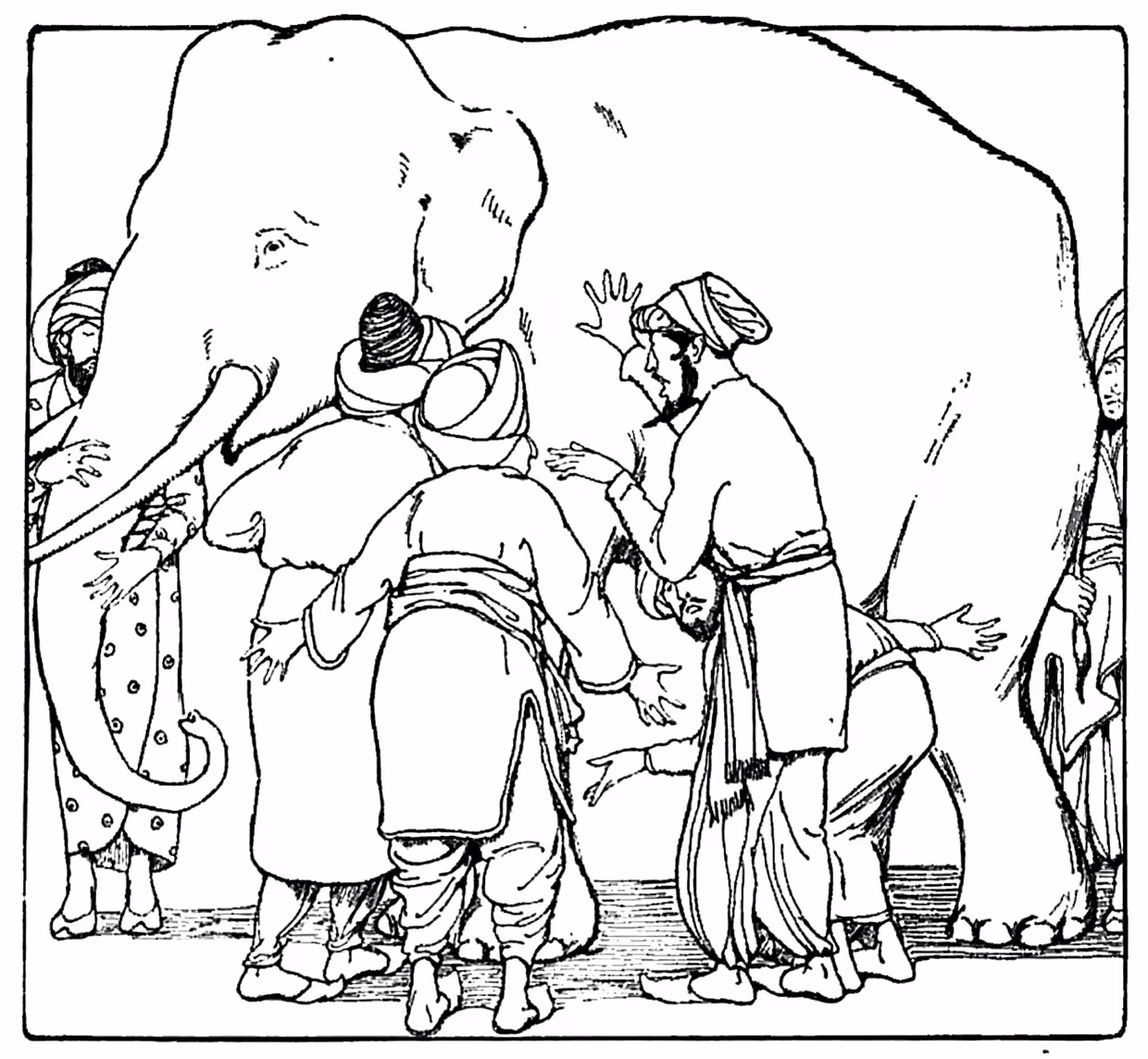 Svart‑hvitt illustrasjon som viser flere personer samlet rundt en stor elefant; personene berører ulike deler av elefanten, som snabelen, siden og bakbeinet, innenfor en rammet tegning med enkle linjer og få detaljer i bakgrunnen.