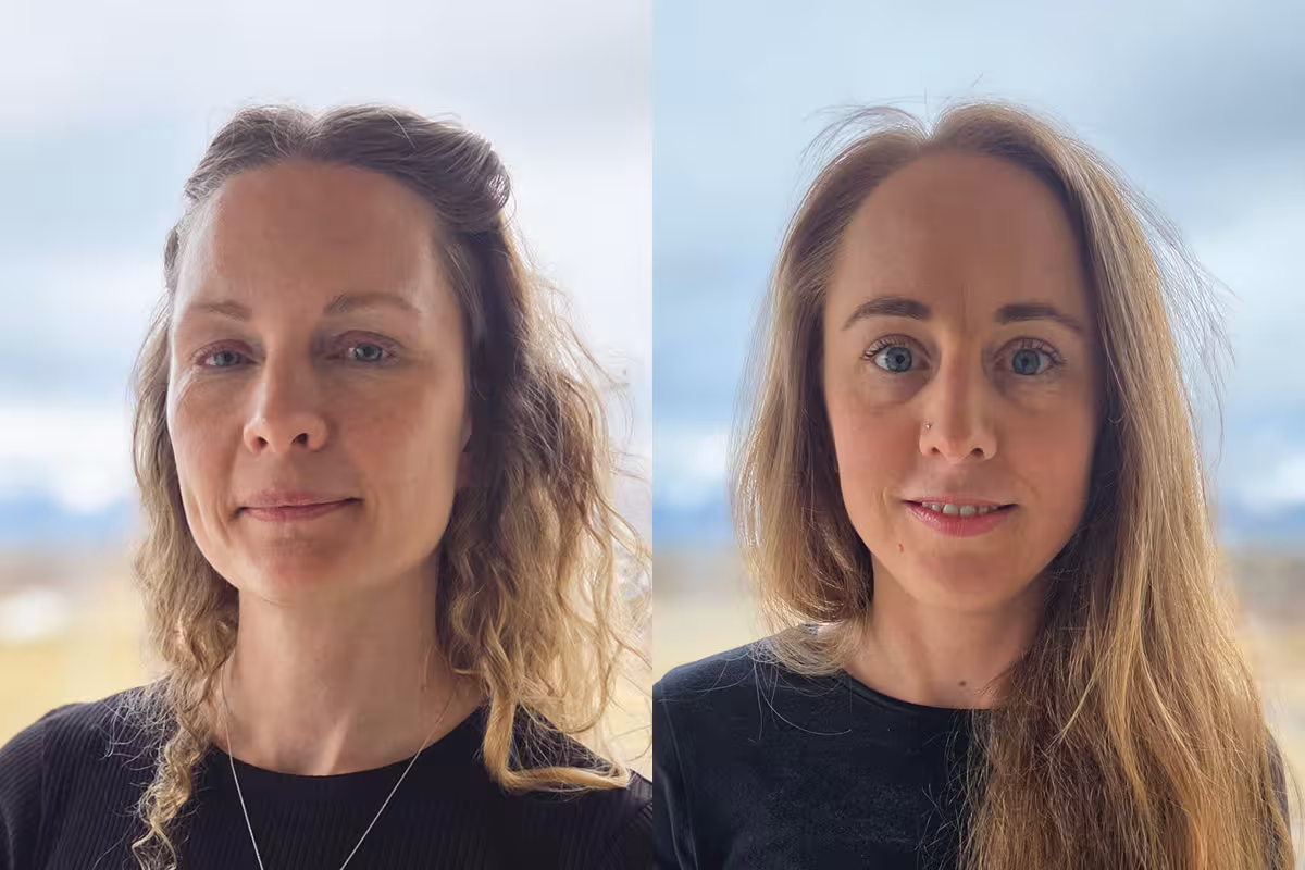 Collage av to portrettbilder av to forskjellige kvinner som begge har langt hår og svarte klær, ser inn i kameraet og står foran samme vinduet ut mot en vidde eller slette med en fjellkjede lenger bak.